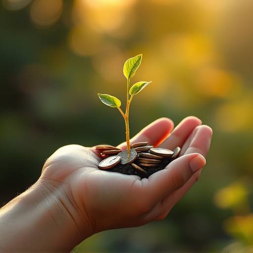 A hand holding a small green sprout growing from a pile of coins, symbolizing growth and savings.