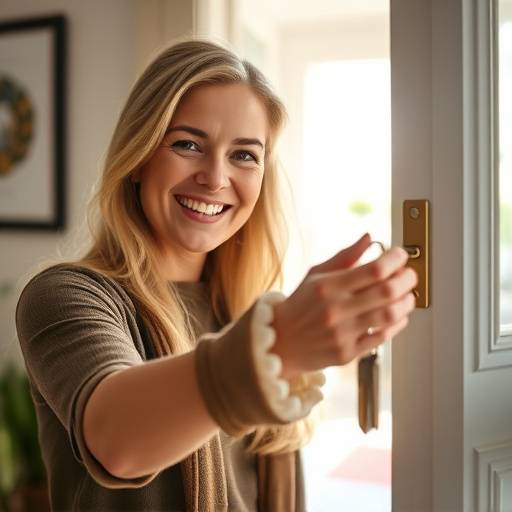 A smiling woman holding keys, representing homeownership achieved through saving.