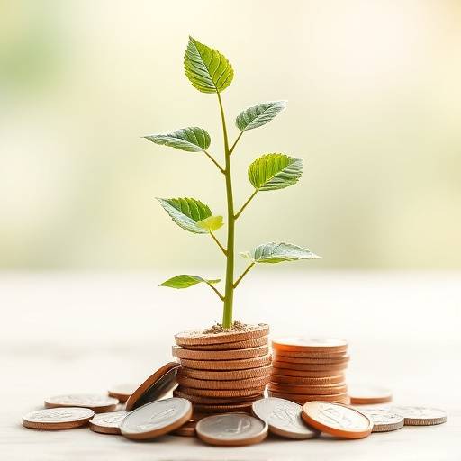 Subtle visual depicting a small plant growing out of coins, symbolizing financial growth